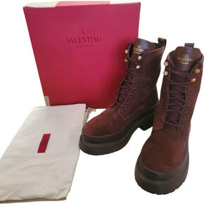 Valentino Rockstud Platform Burgundy Suede Combat Boots Ankle Lace Up 9 39